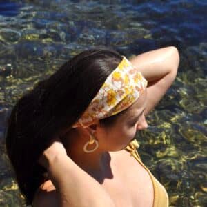 Bandeau cheveux coton indien fleuri jaune et terracotta